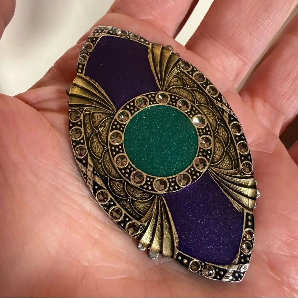 Catherine Popesco France Art deco brass purple green enameled Brooch